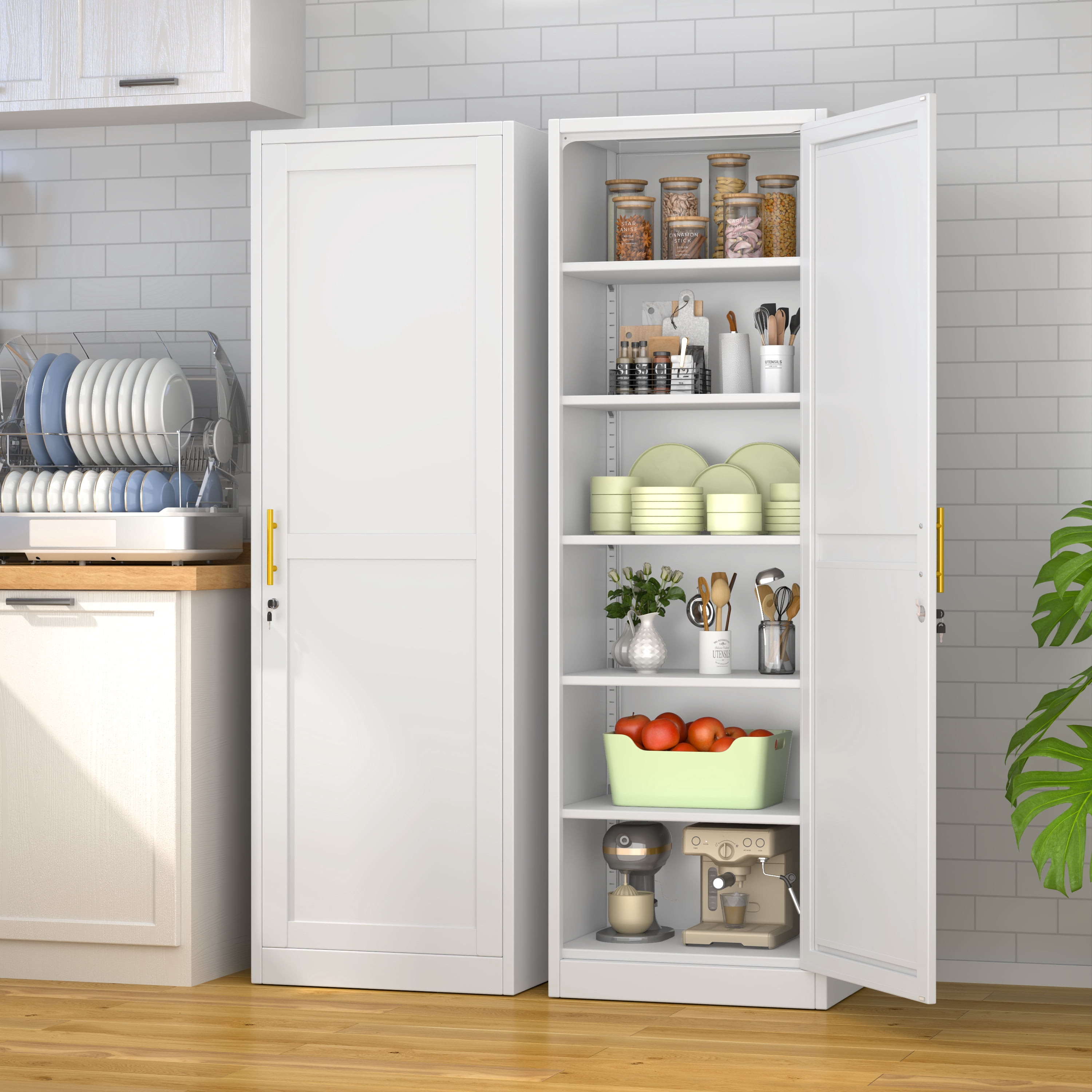 Ero 67" Metal Storage Cabinet with Lock, Tall Narrow Office File Cabinets with 1 Door & 5 Adjustable Shelves