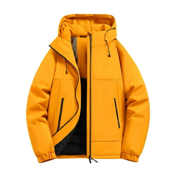 PiGOGI Men's Winter Jacket Windproof Waterproof Thick Warm Hooded Cardigan Zipper Long Sleeve Yellow XL