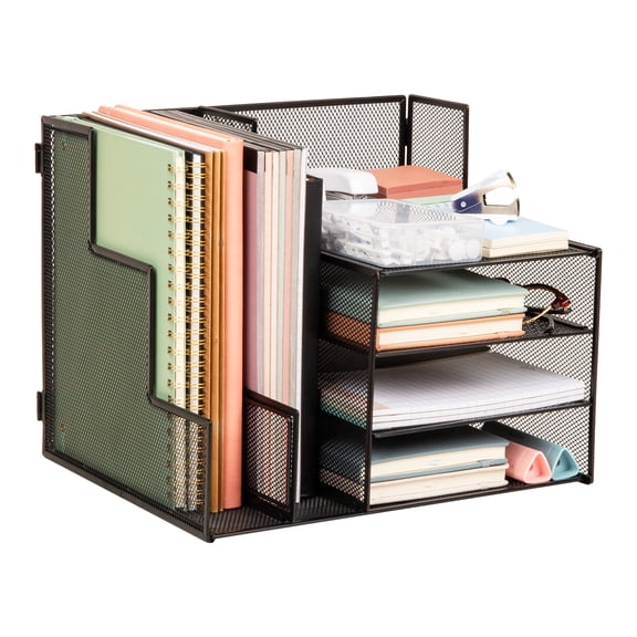 Mind Reader Metal Mesh Desk Organizer, 2 Vertical File Holders and 3 Tier Sliding Shelves, Foldable Desktop Storage, Office Organizer, Black