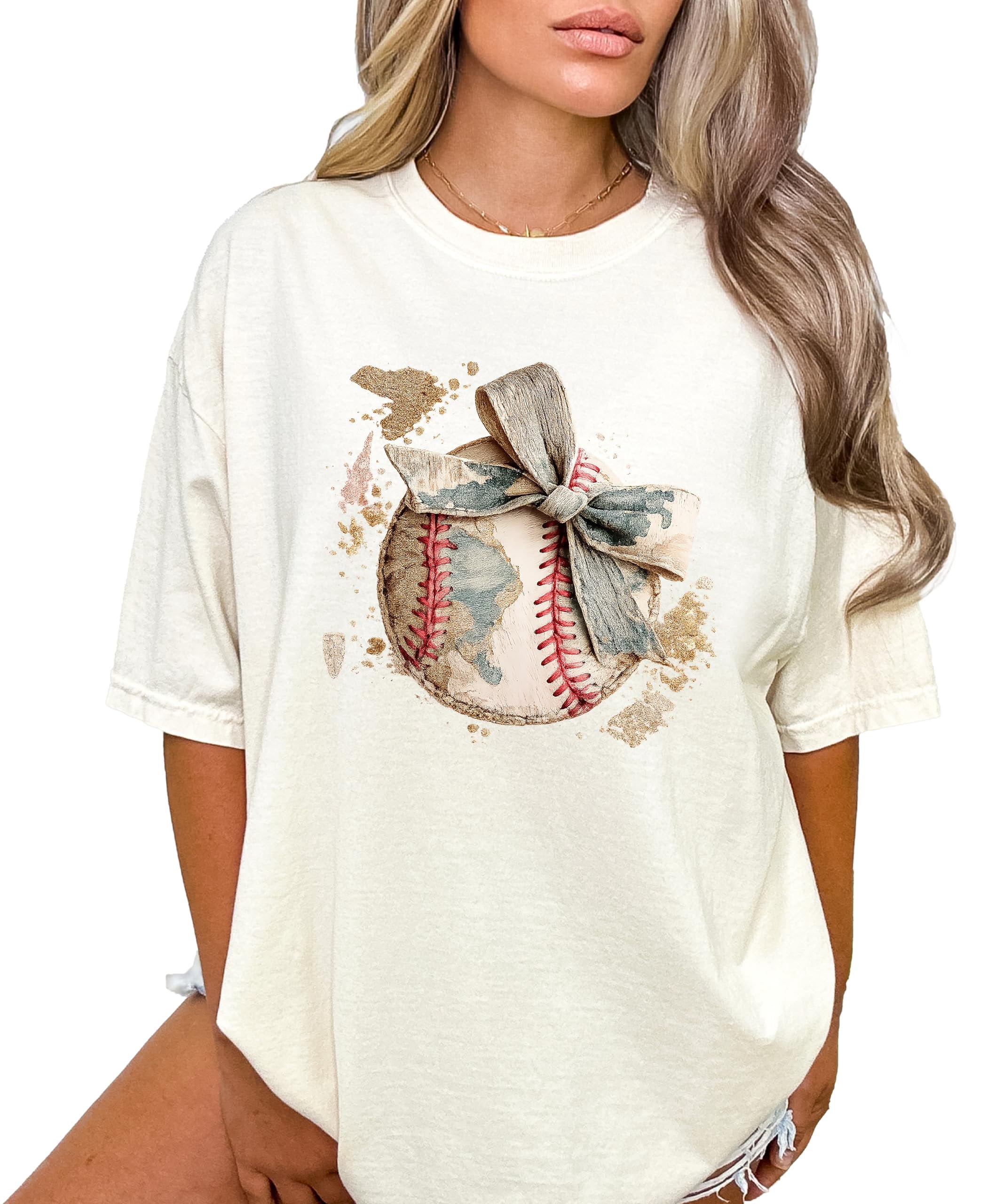 Cute Baseball Bow Shirt for Women - Coquette Game Day Tee - Trendy Sports Mom T-Shirt Ivory Shirt Adult Small
