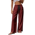 thumbnail image 3 of Women's Soft Fabric Wide Leg Pants, Elastic Waist Drawstring Pull On Trousers with Pockets, Casual Mid Waisted Flowy Palazzo Pants for Summer Beach, Vacation, Daily | TruBelle,Red XL, 3 of 7
