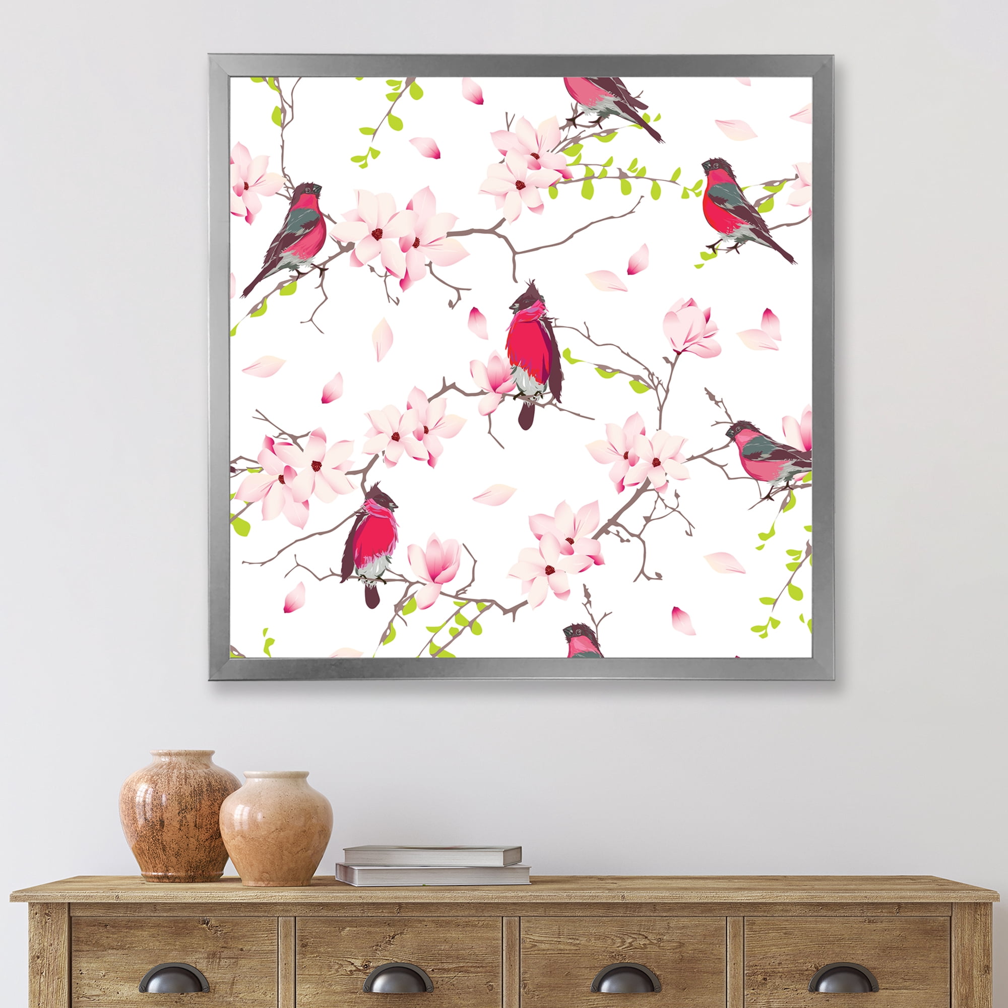 Designart 'Red Bullfinches Sitting On Magnolia Tree' Traditional Framed Art Print