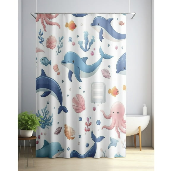 Fish shower curtain, underwater friends, pastel colored marine life, cartoon octopus dolphin, fabric bathroom decoration set with hooks