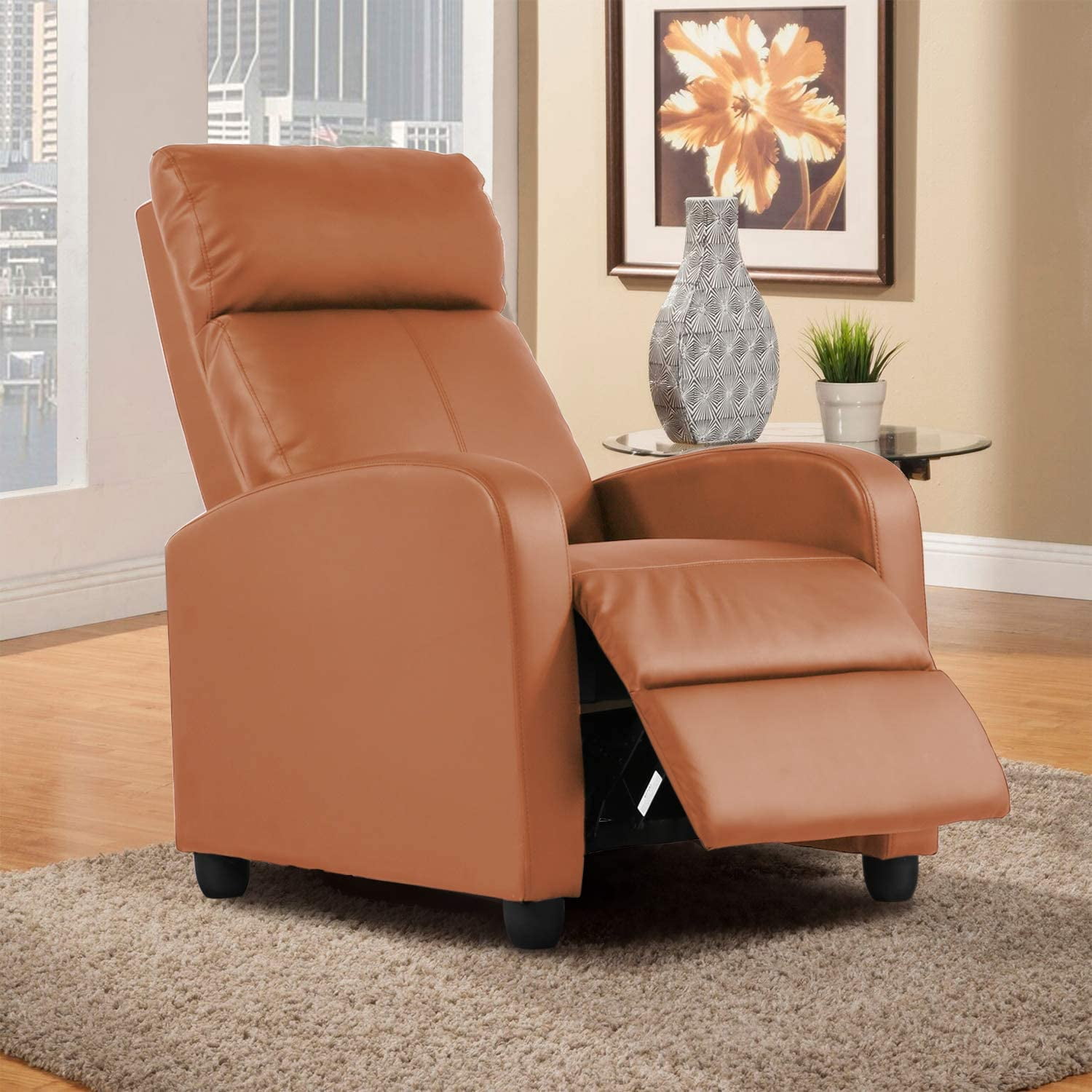 FDW Recliner Chair for Living Room Furniture Home Theater Seating Glider Chairs Modern Wingback Single Sofa PU Leather with Footrest (Tan)
