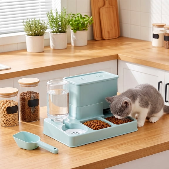 2-in-1 Automatic Pet Feeder and Water Dispenser, Large Capacity Gravity Fed Bowl, Non-Slip Integrated Eating Station for Kittens, Small Dogs