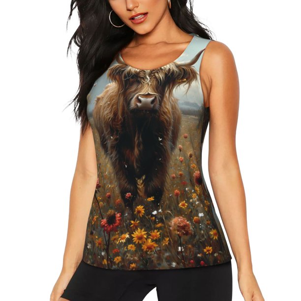 Balery Grassland Sunflower Cow Camiseta sin mangas estampada ligera para mujer, tops de entrenamiento sin mangas, camisetas de yoga transpirables de secado rápido.-Small