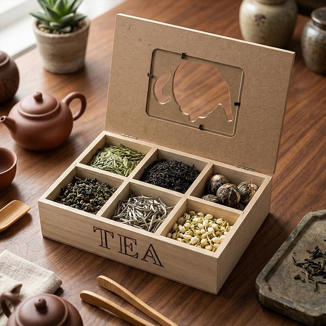 Wood Tea organizer Box with Six Compartments - Elegant Tea Storage for Home Kitchen Counter & Office Use, Natural Wood Construction, Beige, JKODE