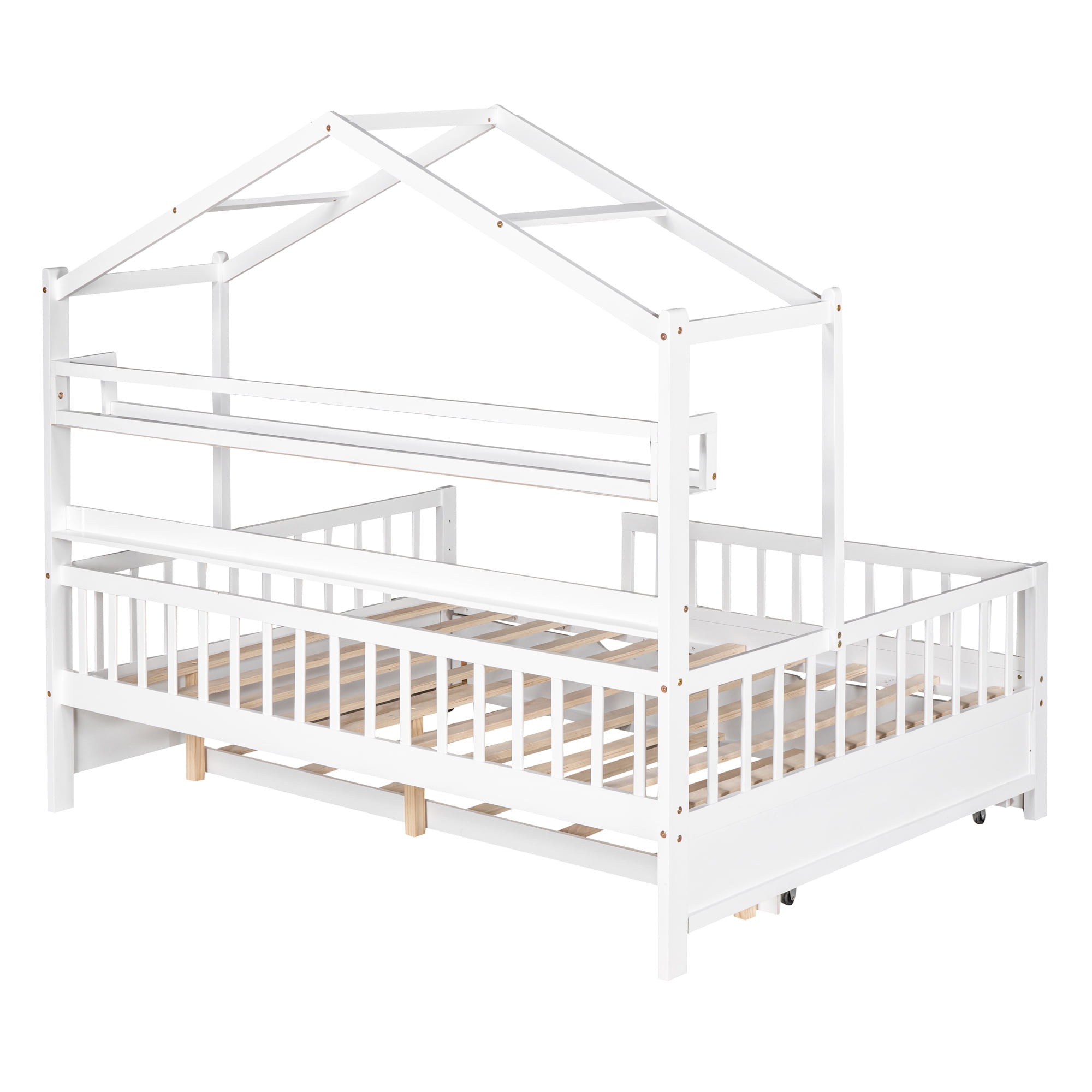 Euroco Wood Full Size House Bed with Trundle, Platform Bed with Bookshelf, White