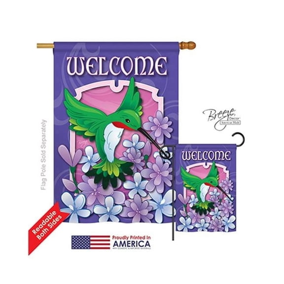 Breeze Decor 05033 Birds Welcome Hummingbird 2-Sided Vertical Impression House Flag - 28 x 40 in.