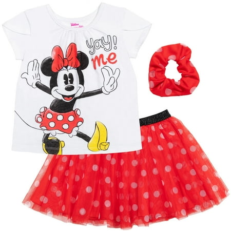 Disney Minnie Mouse Infant Baby Girls T-Shirt Mesh Skirt and Scrunchie 3 Piece Outfit Set Infant to Big Kid