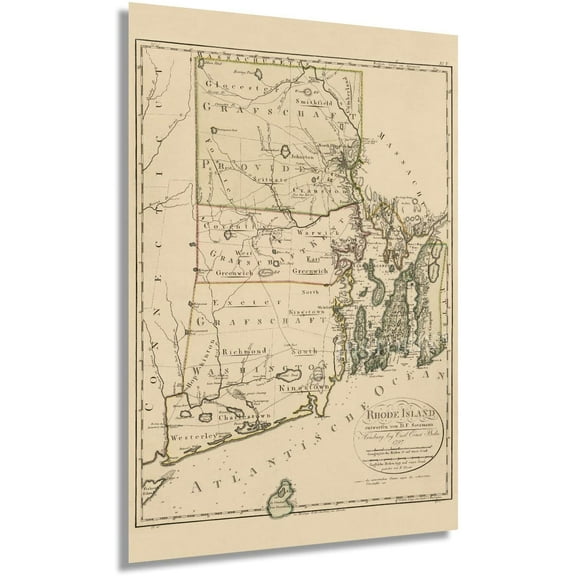 HISTORIX Vintage 1797 Rhode Island Map - 24x36 Inch Vintage Map of Rhode Island Wall Art Decor - Rhode Island Poster Shows Counties and Subdivisions - Place names in German and/or English (2 Sizes)