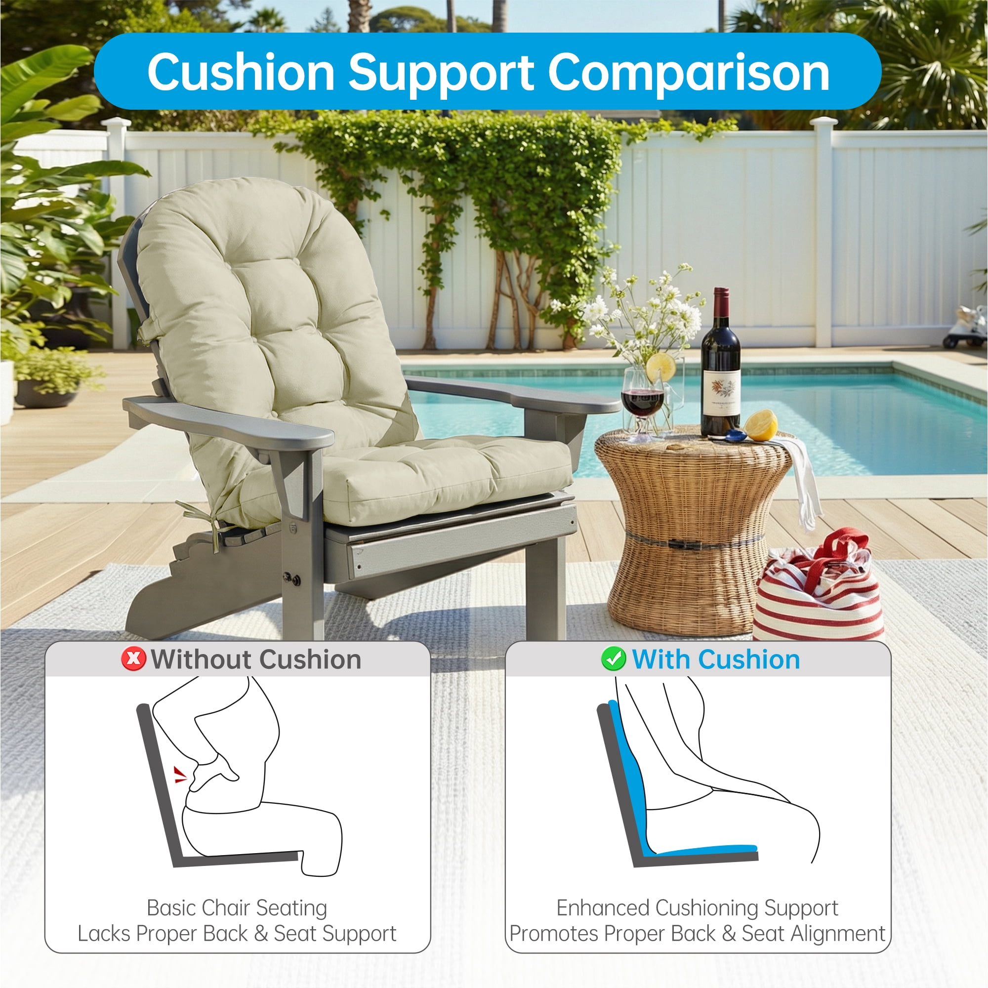 Millsilo Outdoor Rocking Chair Cushion 44" x 19" x 4", Summer Patio High Back Rocker Cushion, Water-Resistant, UV Fade-Resistant, Non-Slip Bottom, Beige
