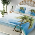 thumbnail image 3 of Ambesonne Hawaii Fitted & Top Sheet Set with Shams, Beach Palm Trees Rock, Green Blue, 3 of 5