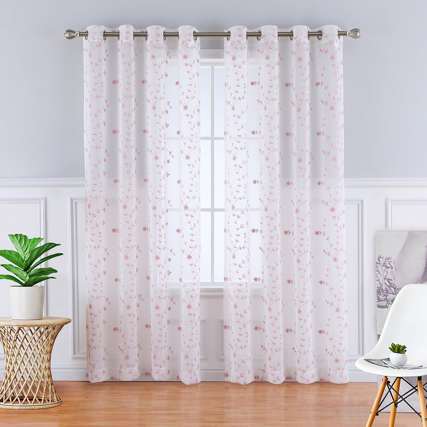Rod Pocket Sheer Voile Window Treatments Curtain LoyoLady White Floral Sheer Curtains 90 Inches Long Embroidery Sheer Valances for Sliding Glass Door Set of 2 Panels 90 W x 90 L 