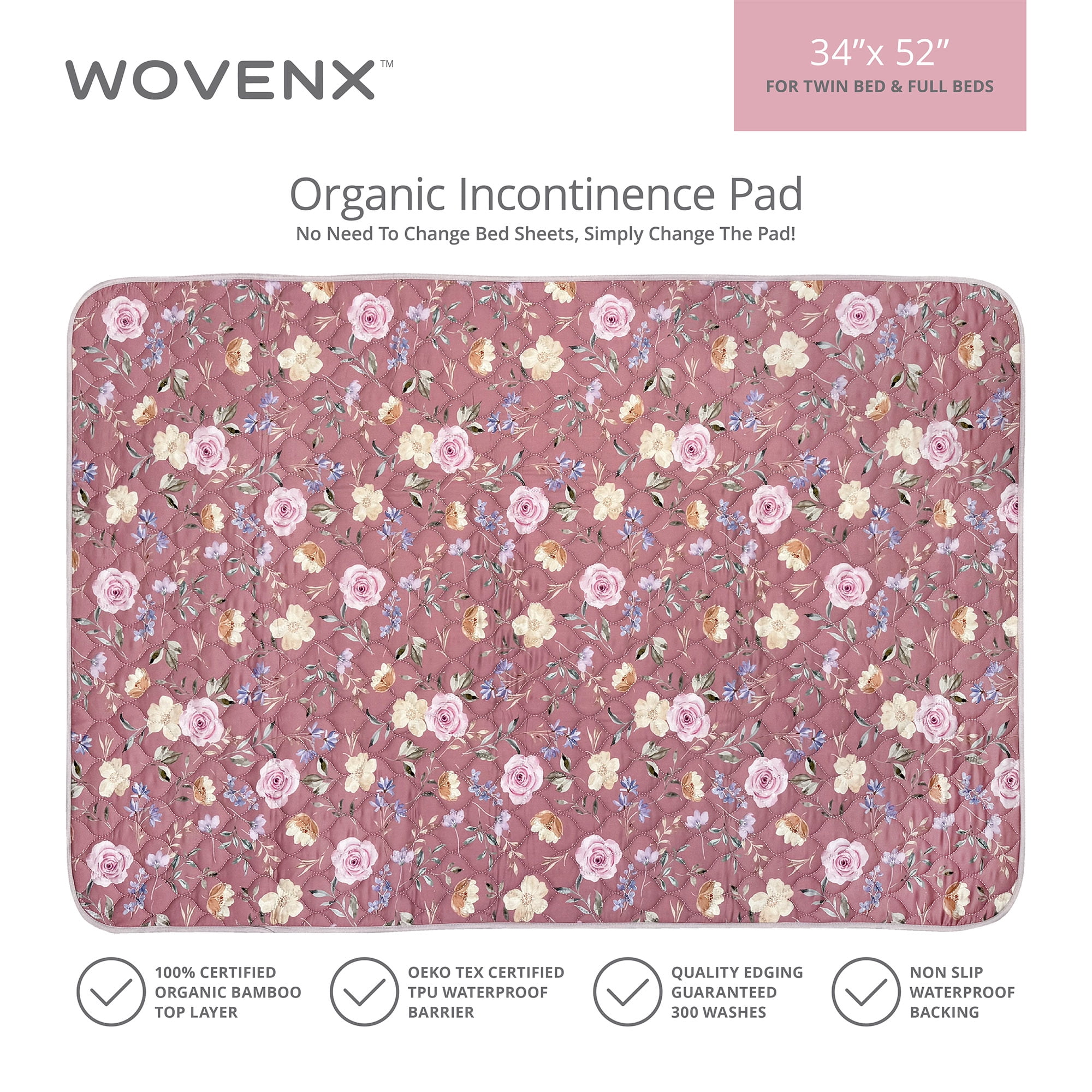WOVENX Organic Incontinence and Period Pads for Adults - 5 Layer Waterproof Protectors for Overnight Period Wetting - Reusable & Washable Pads - Fits Twin to Full Size Beds - 34" x 52" Flower