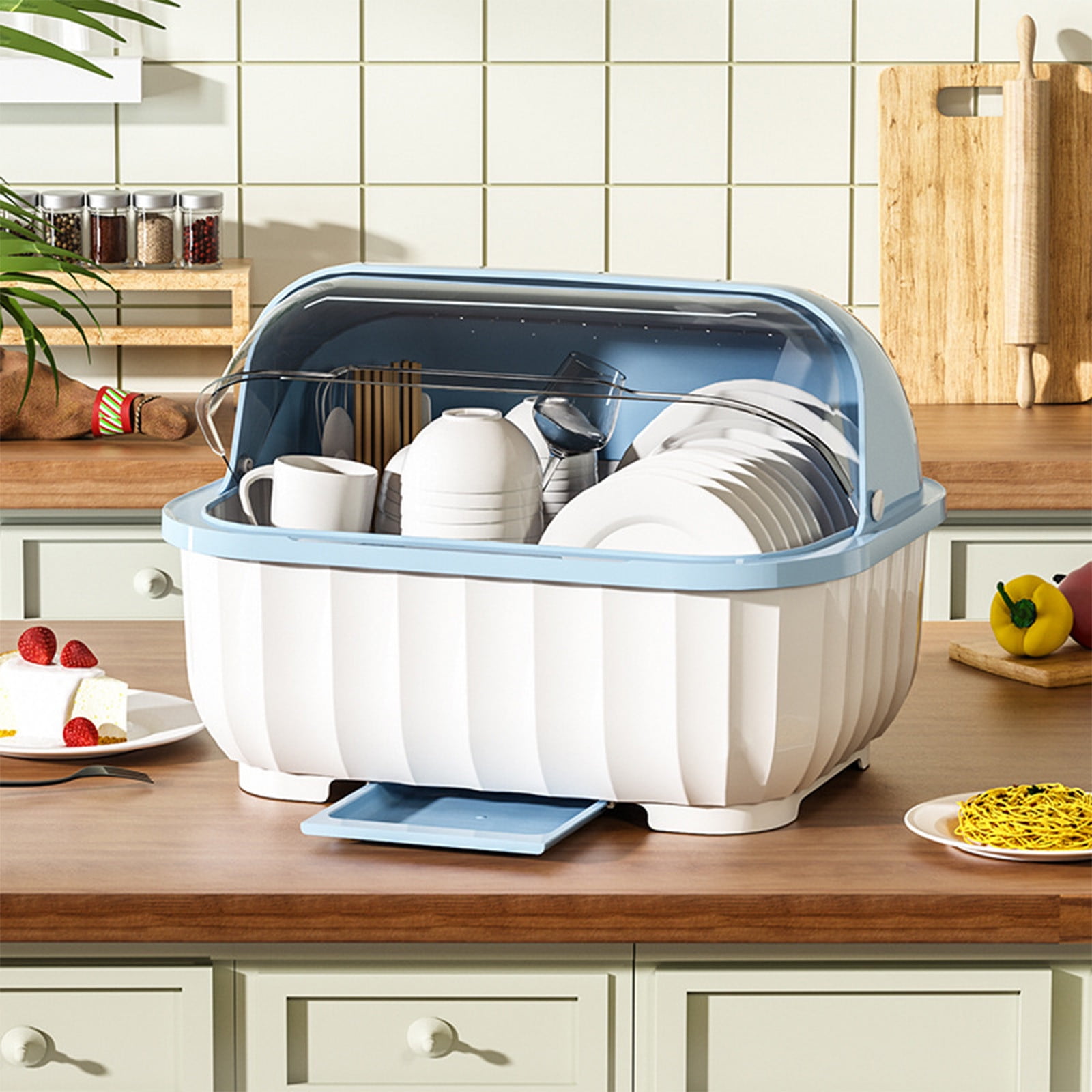 Portable Dinnerware Drainer Organizer,Dish Racks with Lid Cover for Kitchen Counter Plastic Kitchen Cabinet Organizer Dish Drying Rack Utensil Holder Plates Bowls Saving Space