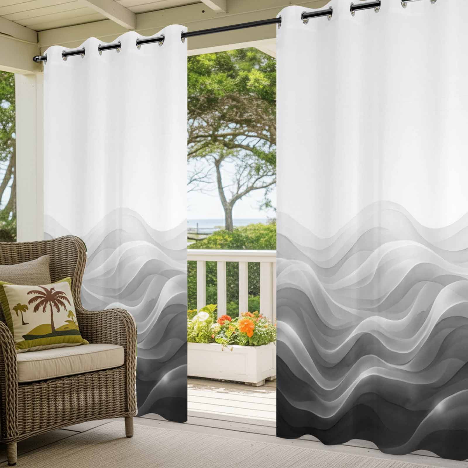 Grey Black Ombre Outdoor Curtains for Patio, Abstract Modern Gradient Ripple Sunshade Privacy Drapes Grommet Waterproof Outside Curtains for Porch/Cabana/Balcony 54"x 108", 1 Panel