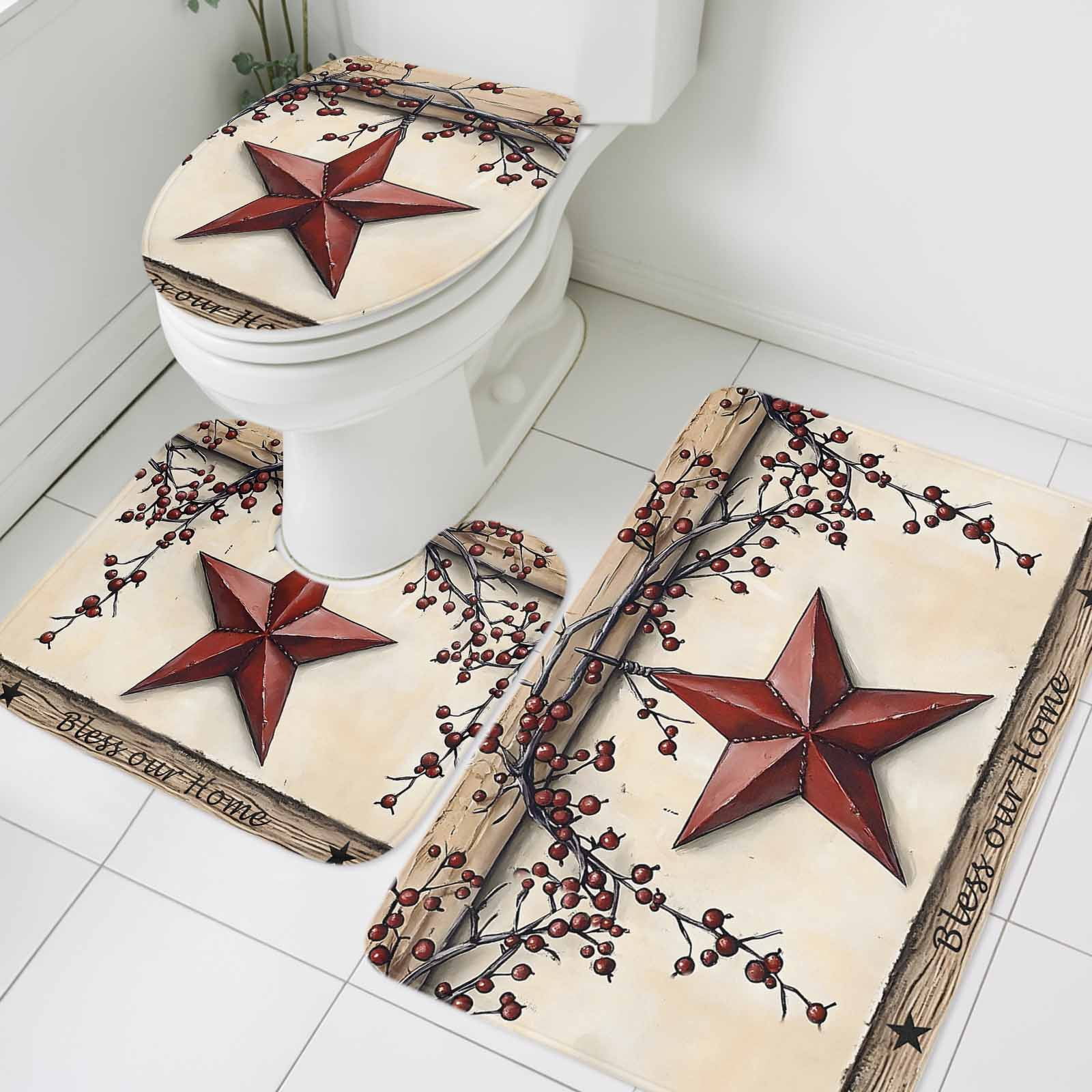Red Texas Star Rustic Bath Mat 3 Piece Bathroom Rug Set, Country Star Berries Wooden Non Slip Bath Rug Contour Mat and Toilet Lid Cover, Absorbent Shower Mats Soft Bath Rugs and Mats Sets