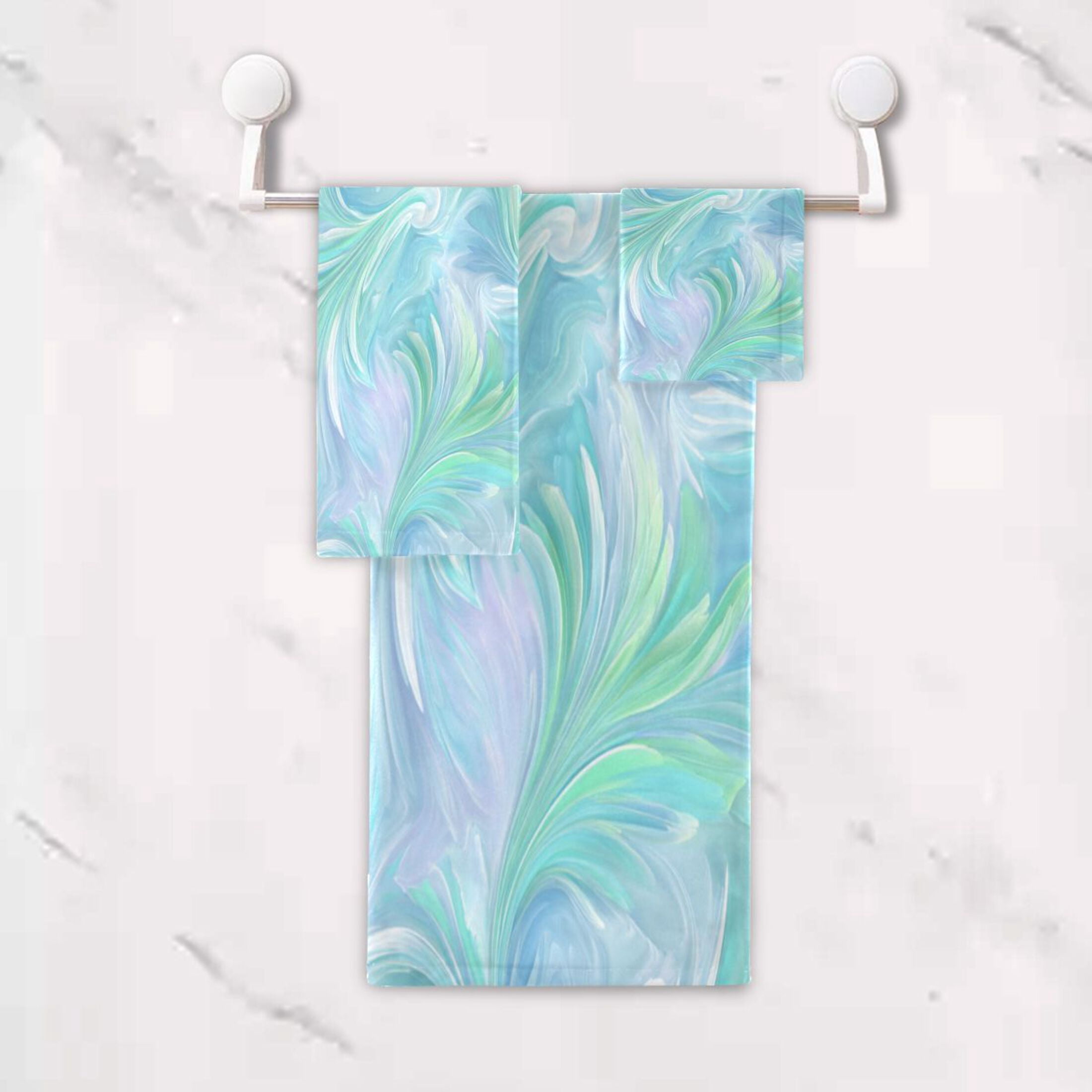 3 Sizes Towel Set - Bath Towel, Hand Towel & Washcloth for Daily Household Use Aqua Swirl Feather Design