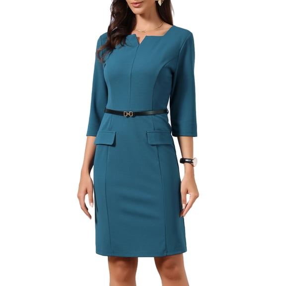 DARING DIVA Women's 3/4 Sleeve Midi Knee Length V Neck for Work Sheath Dresses XS Blue