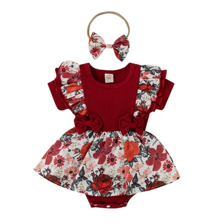 

Leotard Fabric Baby Girl Winter Outfits Girls Ruffles Short Sleeve Floral Printed Romper Bowknot Ribbed Bodysuits Headbands Outfits Baby Bodysuit Hand Cover