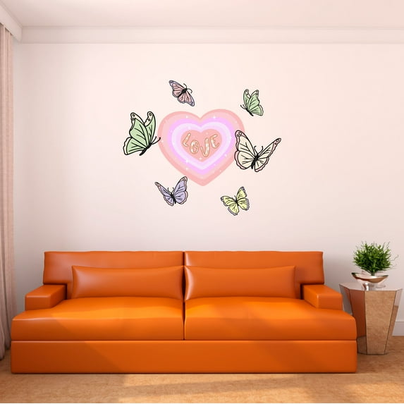 Danish Pastel Wall Decal Shinning Concentric Hearts with Doodle Style Butterflies Bedroom Wall Decal for Girls Cute Themed Room Décor - Size: 10 In x 9 In