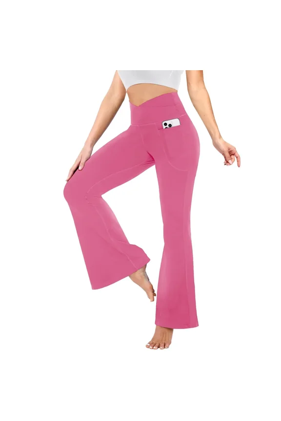 Flare Leggings with Pockets for Women - Crossover Yoga Pants High Waist Tummy Control Bootcut Workout Flared Leggings