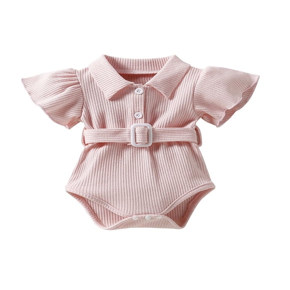 MesaSe Newborn Infant Baby Girl Solid Color Turn-Down Collar Fly Sleeve Baby Bodysuit with Waist Belt Green 12-18 Months