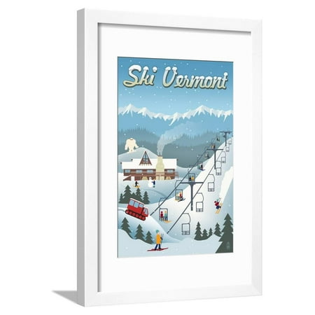 Vermont - Retro Ski Resort Travel Advertisement Framed Print Wall Art By Lantern (Best Vermont Ski Resorts Map)