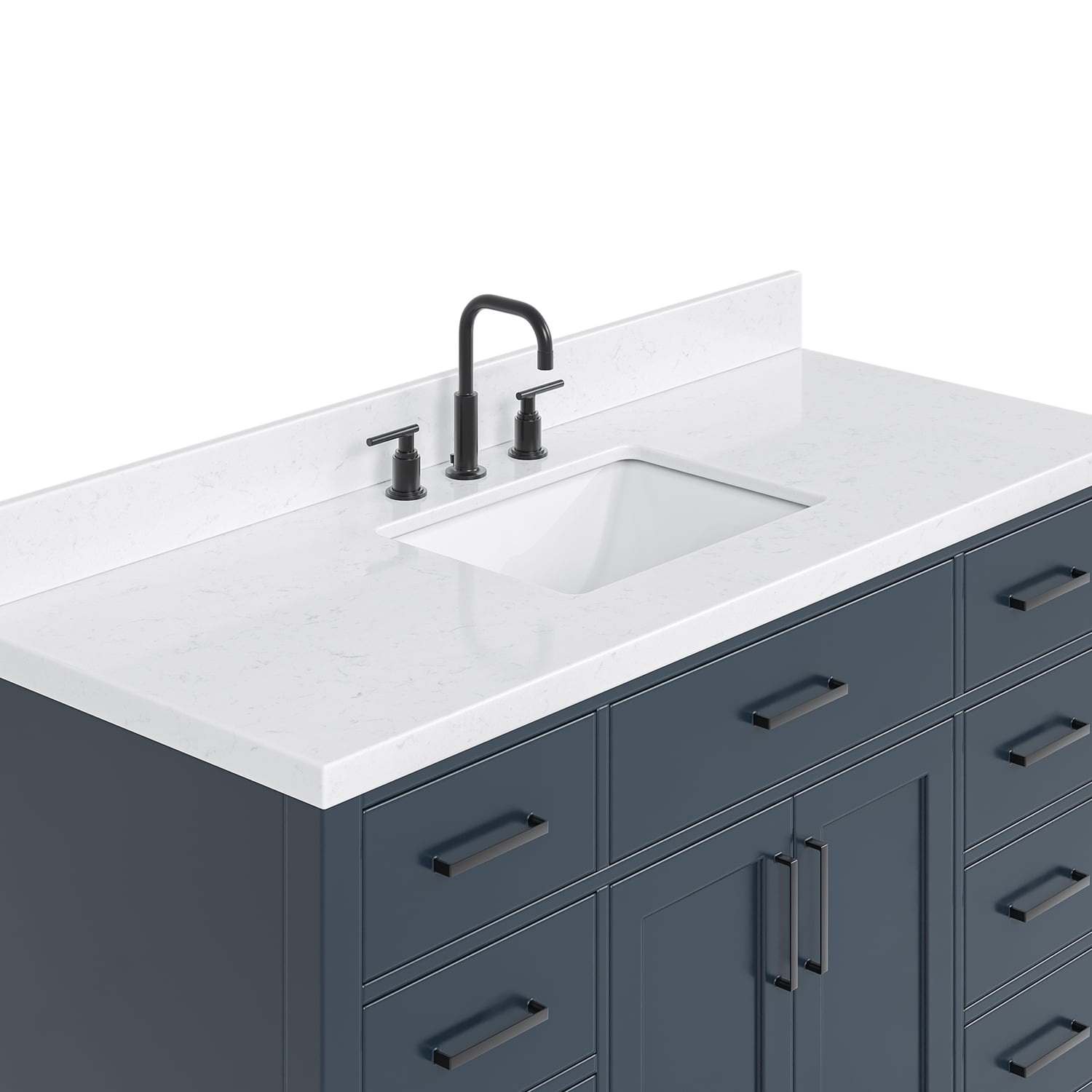ARIEL Hepburn 54" Midnight Blue Bathroom Vanity, 1.5" Edge Carrara Quartz Countertop & Splash, Single Rectangular Sink, 2 Soft Closing Doors, 9 Full Extension Dovetail Drawers, Toe Kick, Matte Black