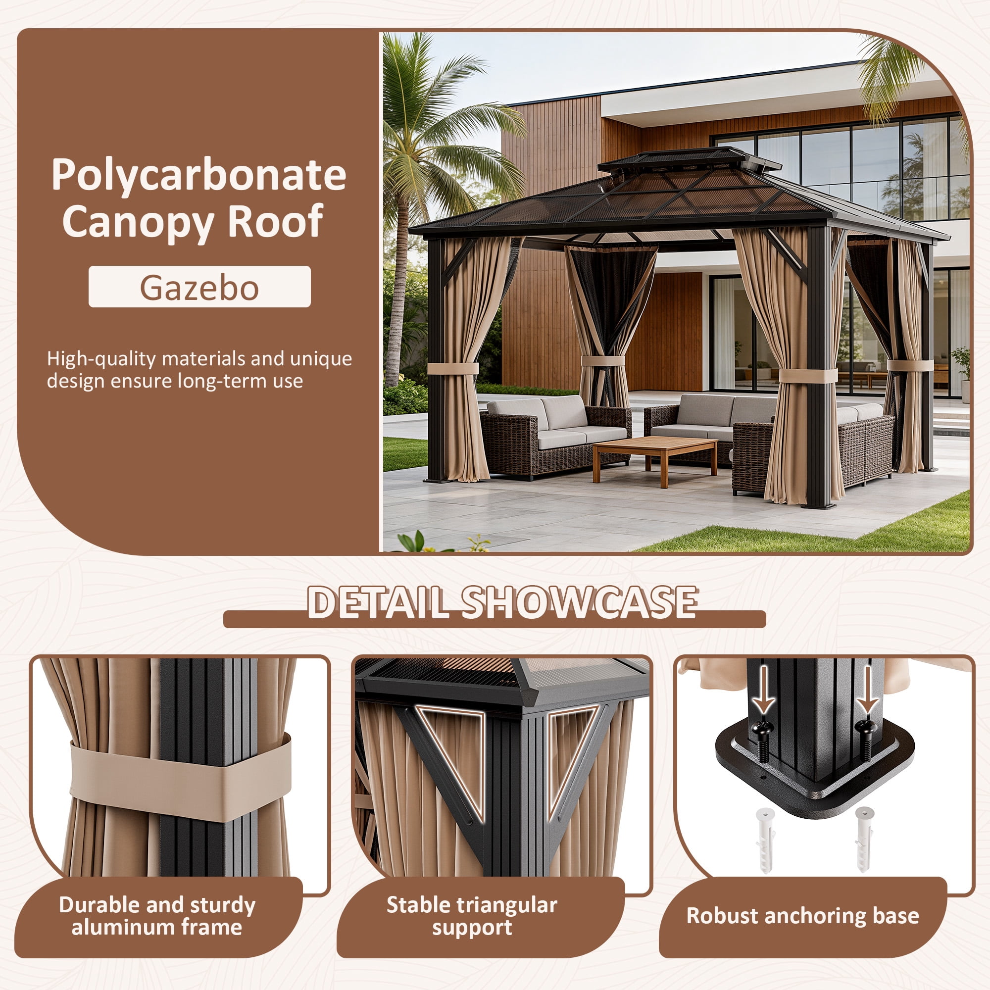 NETAJE 10x12 FT Hardtop Gazebo, Heavy Duty Gazebo with Aluminum Frame and PC Panel Double Roof, Outdoor Permanent Pavilion W/Curtain and Netting for Patio, Backyard, Lawn