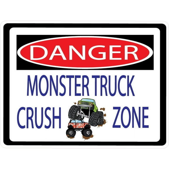 Danger Monster Truck Crush Zone Street Sign Wall Decals Black Red and Blue Monster Truck Wall Decor Stickers by Presto Chango Decor