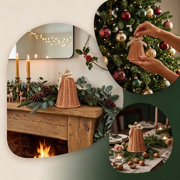 SCNOR Handwoven Rattan Christmas Bell Ornament Rustic Farmhouse Hanging Decor for Tree Mantel Tabletop Natural Brown