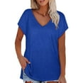 thumbnail image 2 of WNEGSTG T Shirts for Women 2024 Fashion Solid Color Slit V Neck Short Sleeved Ladies T Shirt, 2 of 4