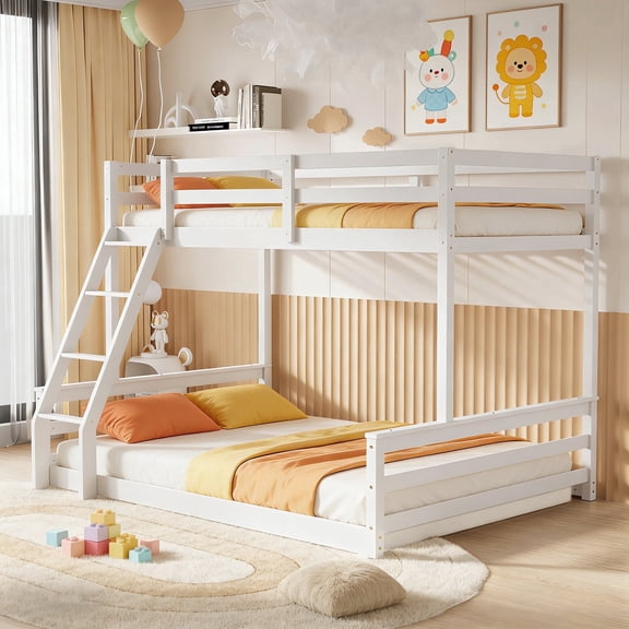 Guqiart Twin Over Full Low Floor Bunk Bed, Wooden Kids Bunk Bed with Ladder & Full Guardrails, Low Bunk Bed for Boys, Girls & Juniors Bedroom