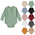 thumbnail image 3 of Delliss Newborn Ribbed Button Jumpsuit Baby Boys Girls Solid Color Long Sleeve Romper Spring and Fall, 3 of 8