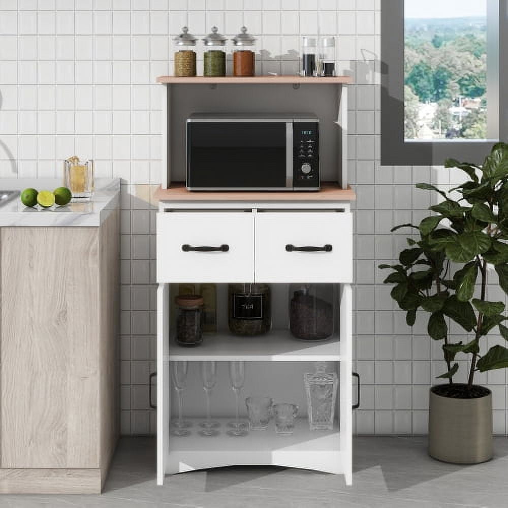 Transform Your Kitchen with Wooden Pantry Cabinet – Modern Storage Hutch with Glass Doors, Drawers & Microwave Shelf – Adjustable Shelves, Anti-Topple, Spacious Organization for Home & Apartment