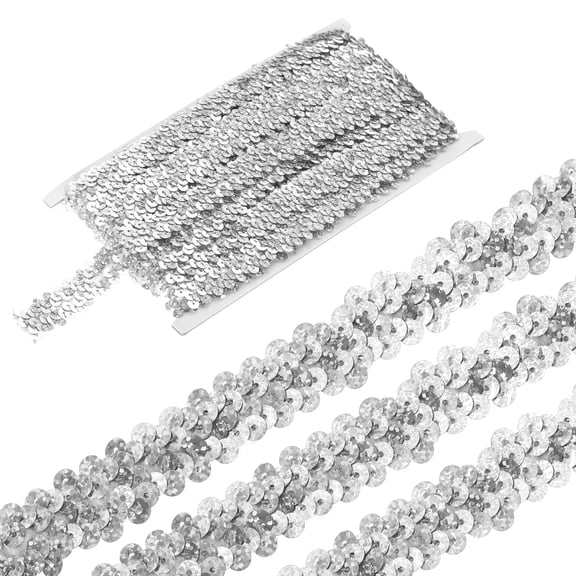 Uxcell 5 Yards 0.8 Inch Elastic Sequins Trim 2 Row Flat Sequin Strip Paillette Fabric Ribbon for Crafts DIY Fringe Sewing Costume Dress, Silver Tone