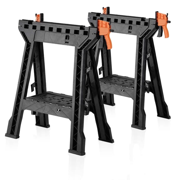 ZYJOYY Saw Horses 2 Pack, Heavy Duty Folding Sawhorse 1000 LBS Capacity with 2 Clamps, Portable Workbench with Tool Tray & Cord Hooks