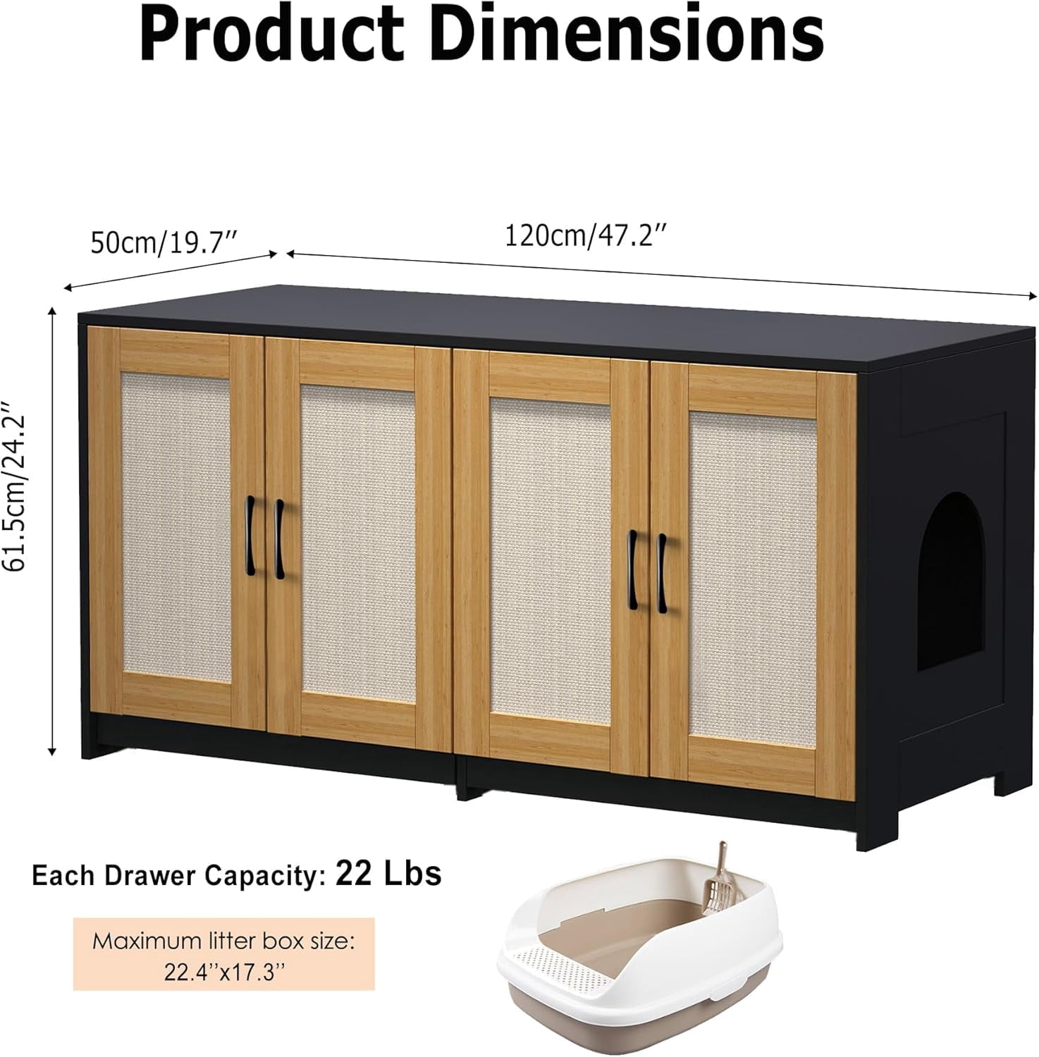 Homhougo Litter Box Enclosure for 2 Cats, 47.2" Large Wood Hidden Litter Box Furniture for 2 Boxes with Sisal Doors and Sliding Drawers, Indoor Cat House TV Stand Black