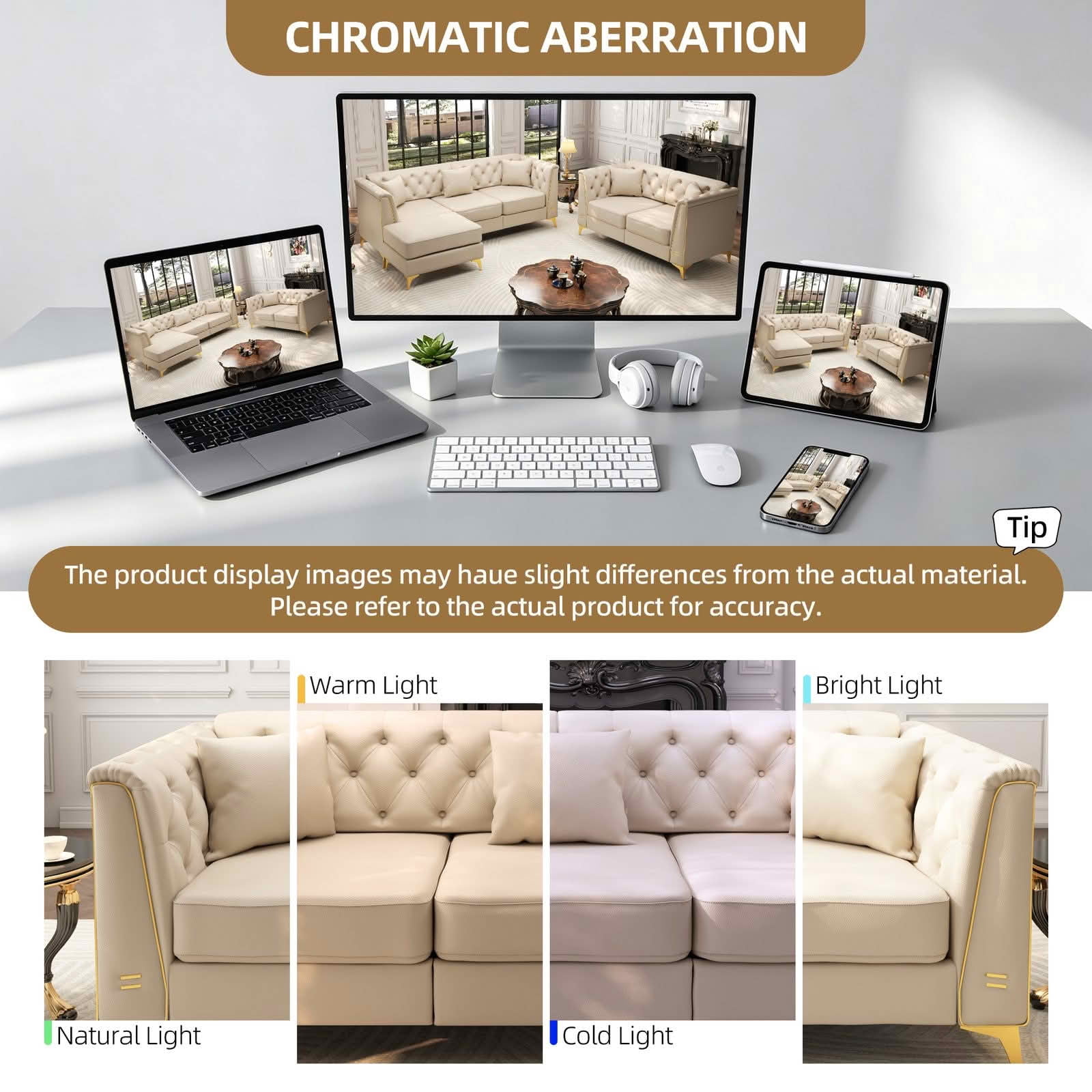 MAYEERTY 61.8" Light Luxury Modular Chesterfield 2‑Seater Sofa with 2 Ottomans, Faux‑Leather Loveseat, Button Tufting, Metal‑Trim Armrest & Slim Metal Legs, 2 Pillows Included