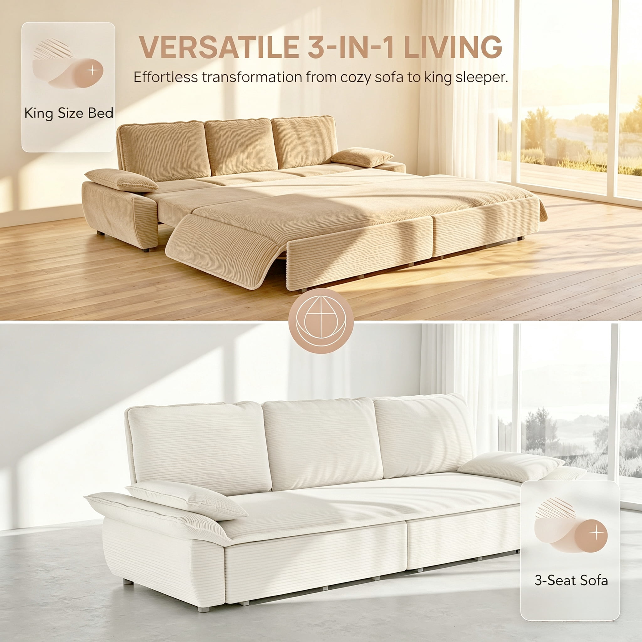 3-in-1 King Size Sleeper Sofa Bed, 94.5" Corduroy Convertible Pull Out Couch with Steel Frame, Modern Folding Lounge Sofa for Living Room, Camel