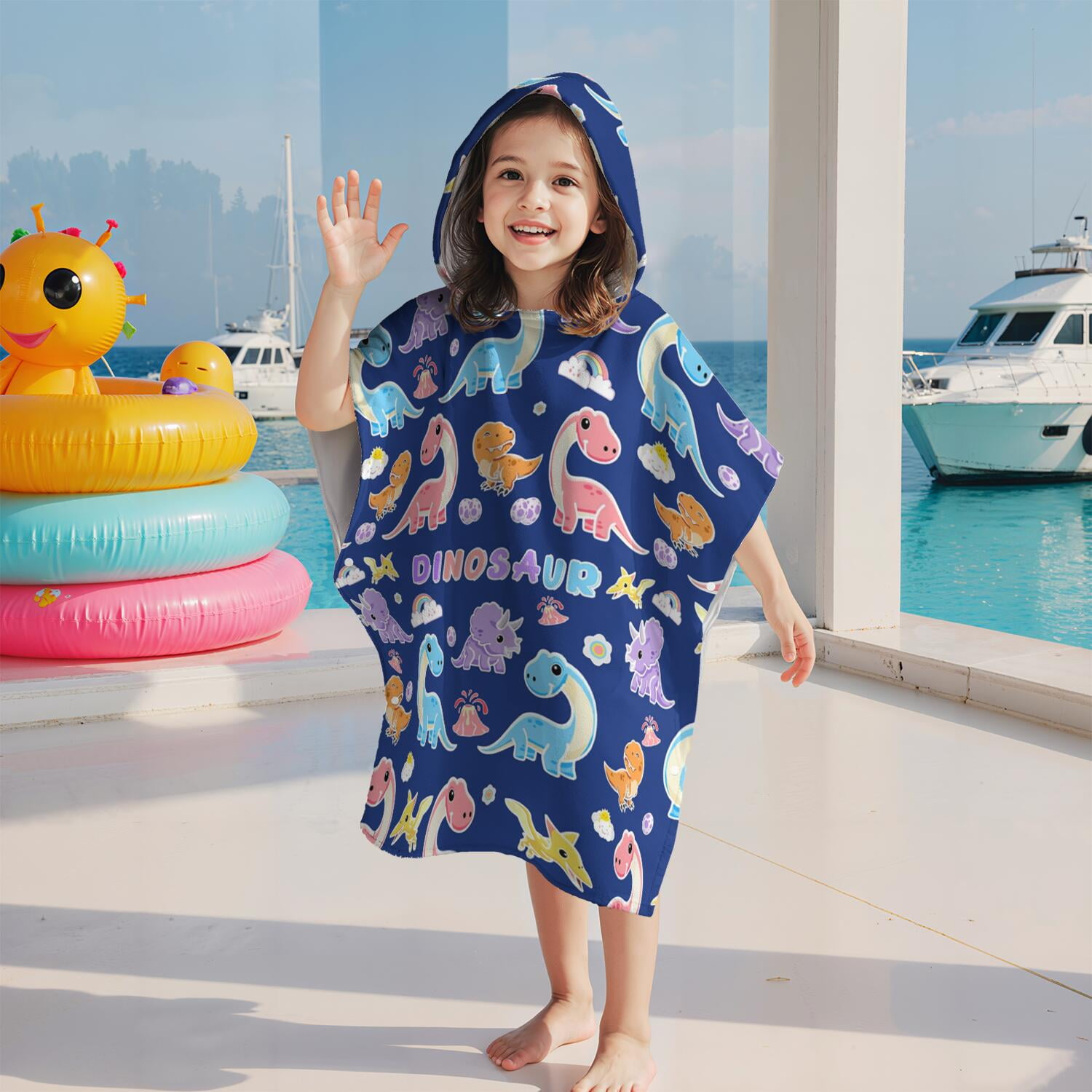 Hooded Kids Beach Towels - Toddler Bath Towel Girls Boys Swimming Cover-ups for Ages 2 to 6 Kids Pool Towels Quick Dry Lightweight Soft Microfiber Poncho Towel 28x28 (Dinosaur Pattern)