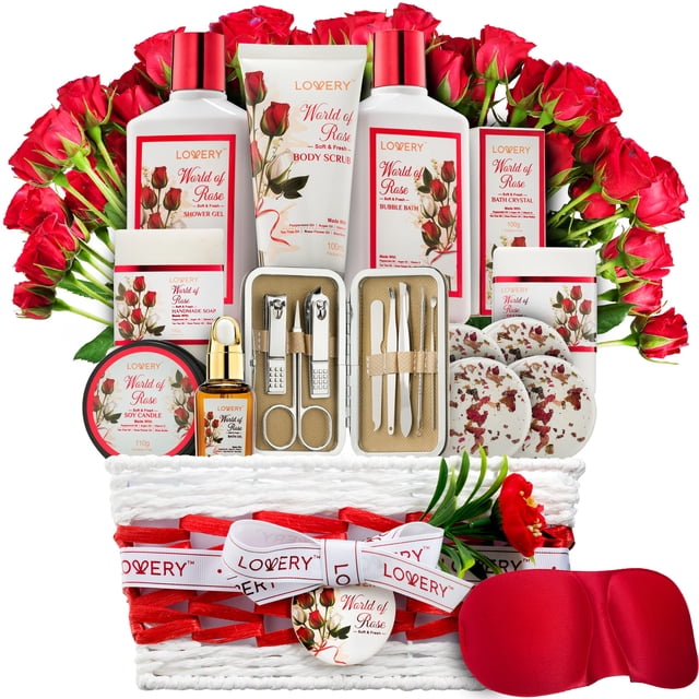 Regalos de spa para mujeres Set de regalo para baño y cuerpo Cesta de regalo con rosa roja Kit de spa para aliviar el estrés de 35 piezas Regalos de agradecimiento para mamá con kit de cuidado de uñas