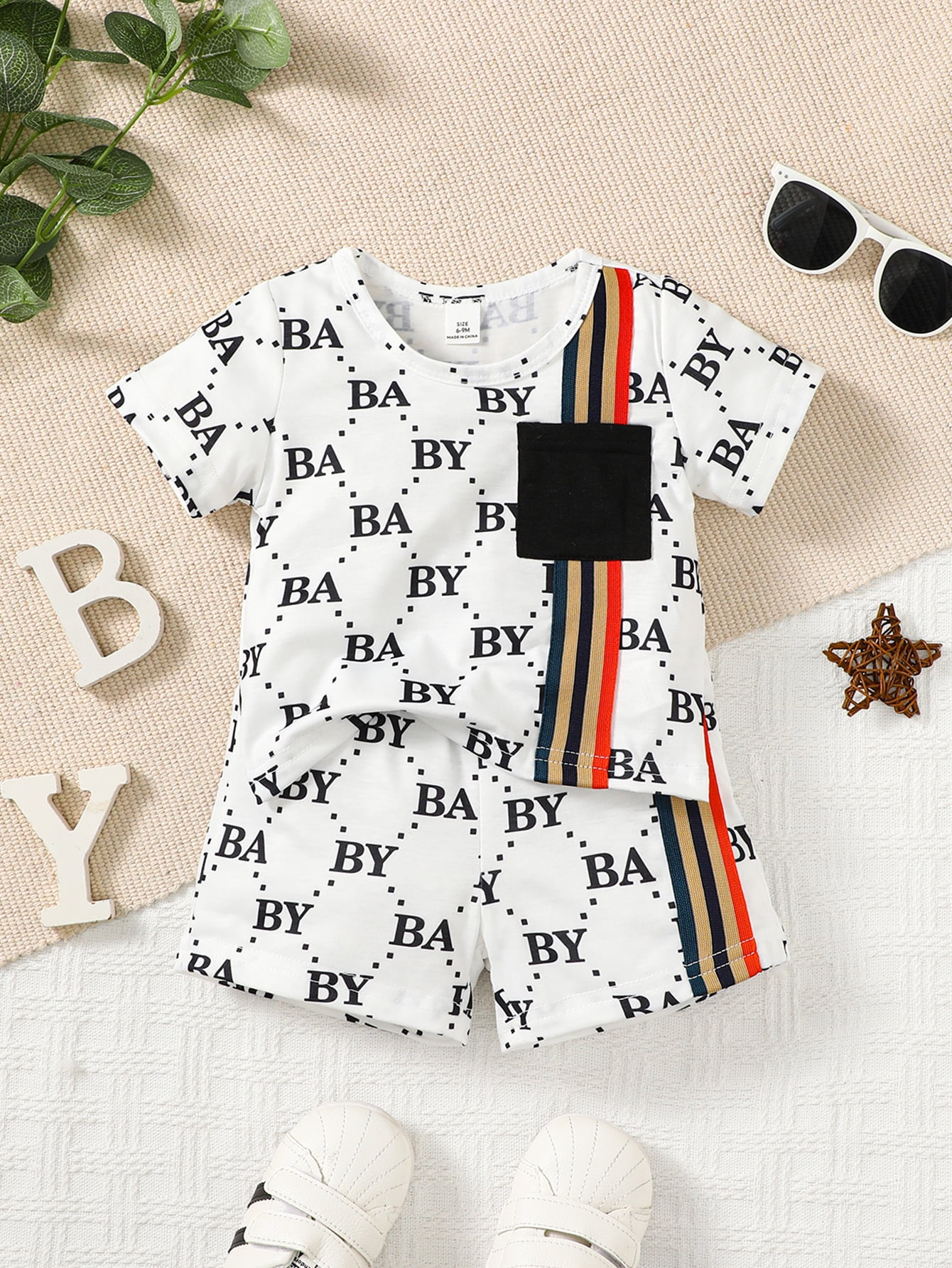 Saeaby Baby Boys Summer Outfit, Apricot Monogram Top with