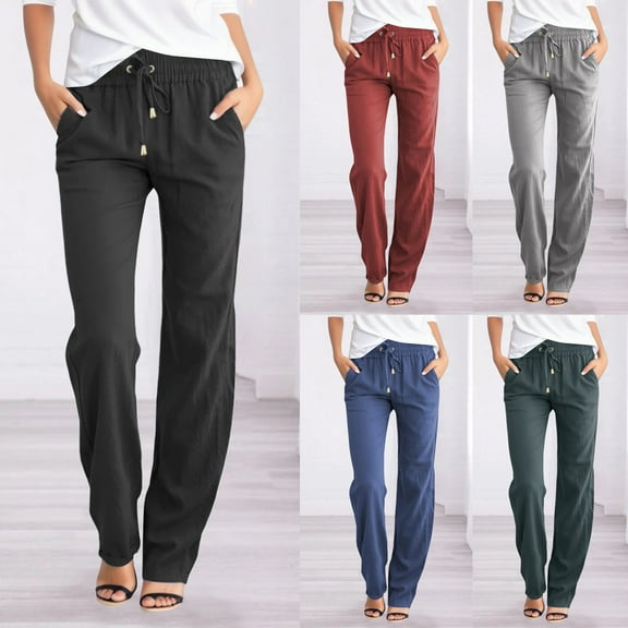 Sopiago Womens Casual Linen High Waist Pants Drawstring Loose Fit Summer Pants Comfortable Trousers with Side Pockets Black,M