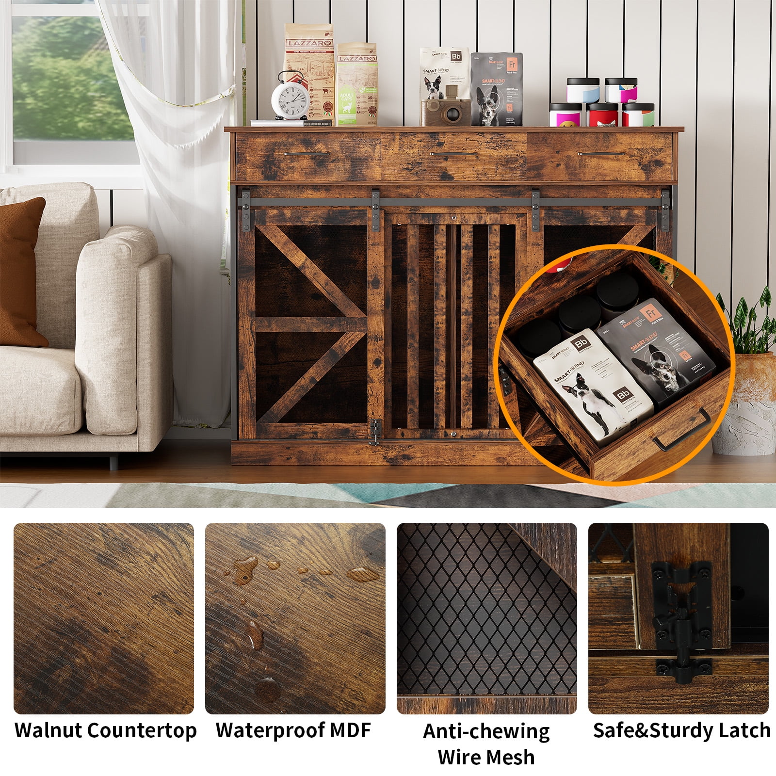 Casendy Dog Crate Furniture with Adjustable Divider for 2 Dogs, Heavy Duty Dog Kennels with 3 Drawers and Sliding Doors, Media Console Dog Cage for Living Room, Brown