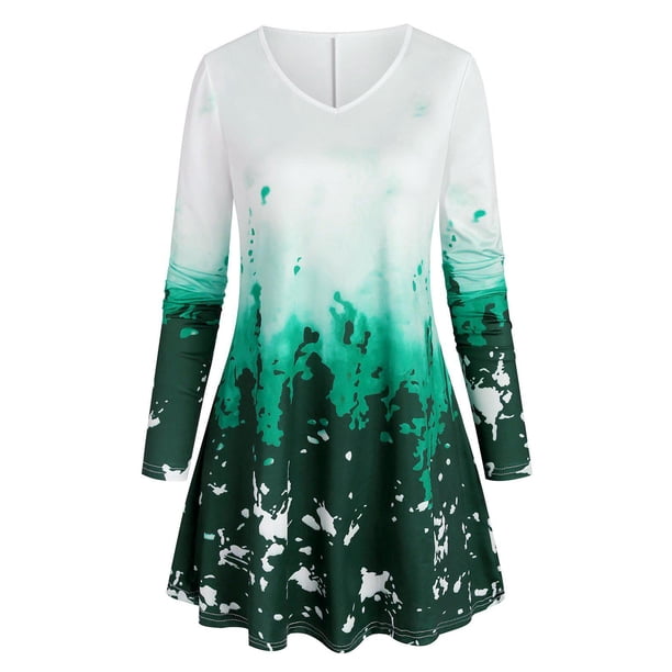 Tamaño más Ombre color con cuello en V T Rosegal Mangas largas de talla grande