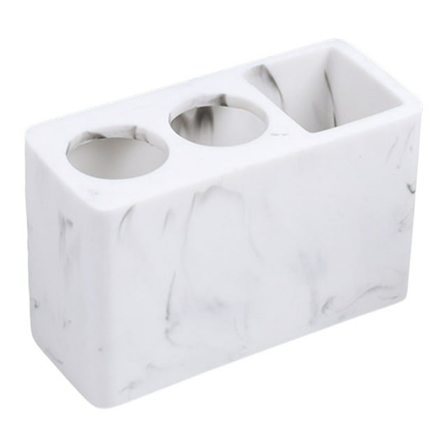 Organizador multiusos de 3 ranuras para cepillos de dientes de escritorio con diseño de mármol para baño blanco