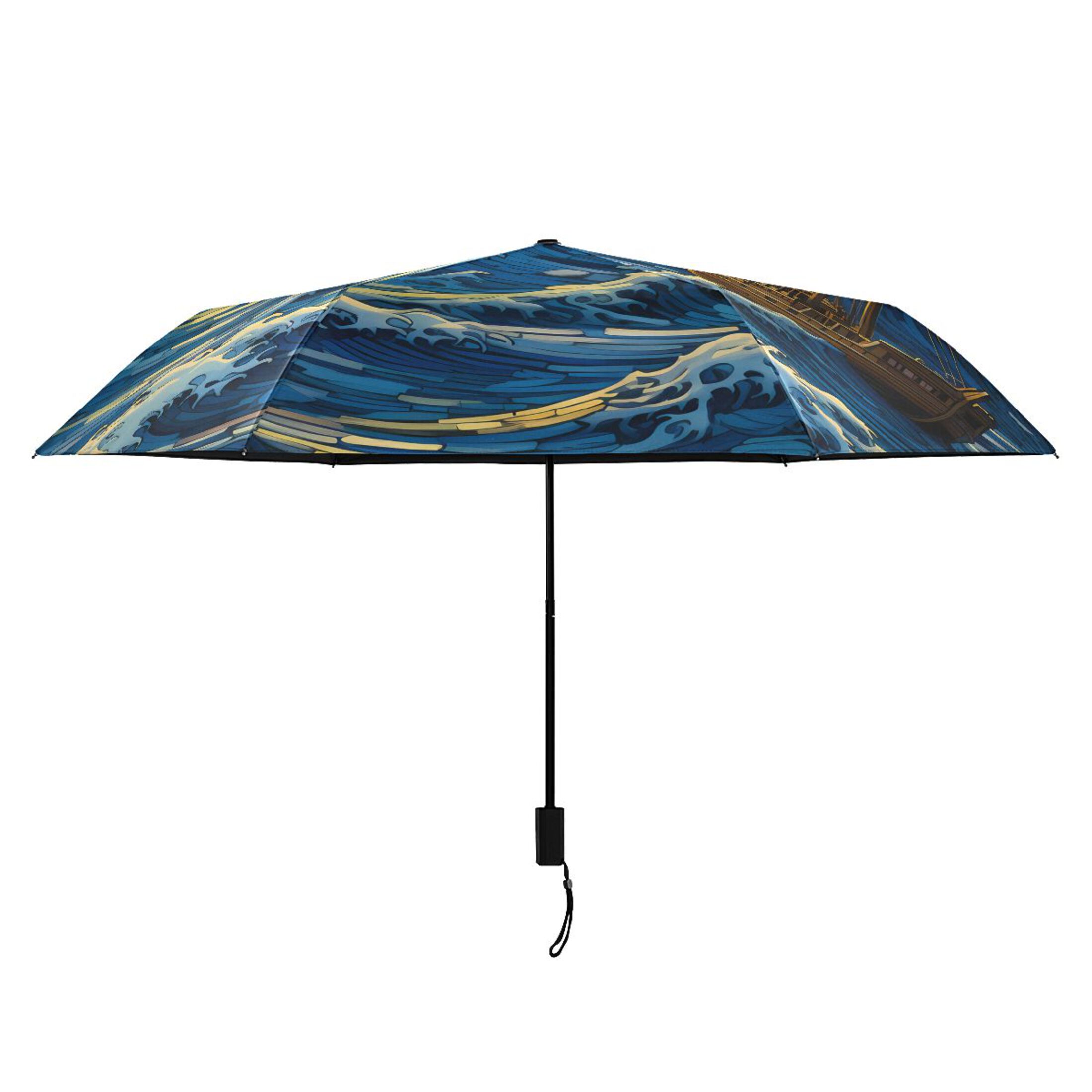 Boat on Wave and Sun Compact Sun Umbrella Windproof Travel Umbrellas for Rain Strong Portable UV Protection